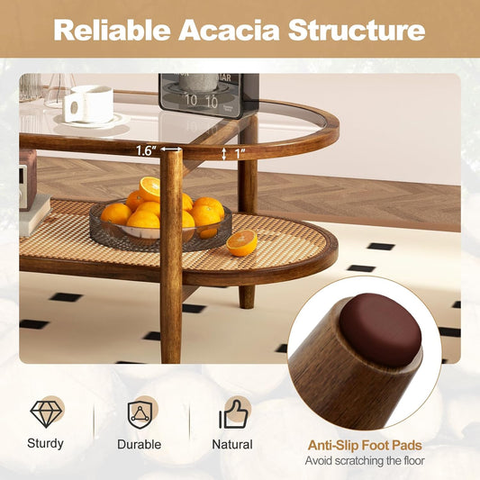 Furneezy Oval Glass Top Coffee Table with Rattan Lower Shelf, 2-Tier, Walnut Wood Frame, 40x22 in, Living Room (Oval O1)