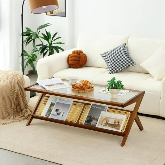 Furneezy Glass Top Coffee Table with Rattan Lower Shelf, 2-Tier, Walnut Wood Frame, 40x22 in, Living Room (Rectangular L2)