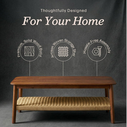 ELEGANT 2-TIER DESIGN: Features a clear glass tabletop set in a walnut wood oval frame, paired with a natural rattan lower shelf for a stylish mid-century modern look.