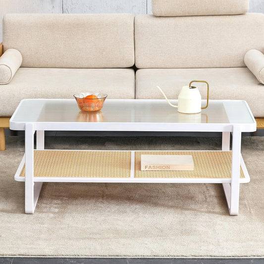 Furneezy Solid Wood Coffee Table for Living Room, Glass Coffee Table Water Wave Patterned Glass Tabletop, Modern Coffee Table with PE Rattan Storage Shelf for Livinig Room.