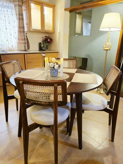 Furneezy Round Dining Table Set with 4 Cane Back Chairs, Solid Wood, Upholstered Seat, Mid-Century Style, 5-Piece
