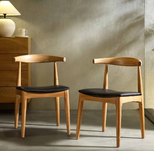Furneezy Solid Acacia  Wood Set of 2 Dining Chairs with Backrest & Cushion Seat | W55.1 x D50.1 x H76.9 CM (Natural & Beige)