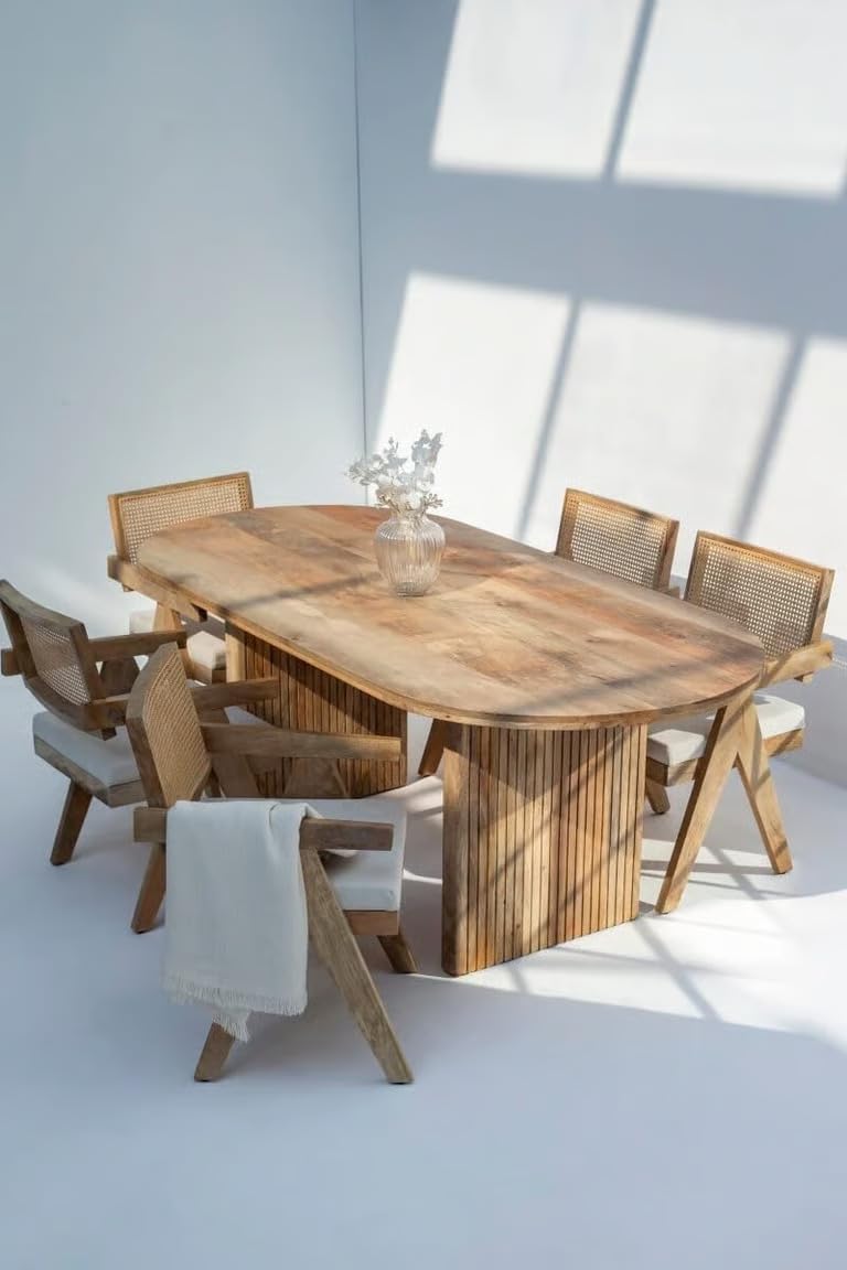 Furneezy Modern Wooden Dining Set, Oval Table with Cane Back Chairs, |Natural Finish,| 6-Seater Madeline Oval Dining Table with Slat Flat Legs with 6 Rattan Mango Wood Chairs