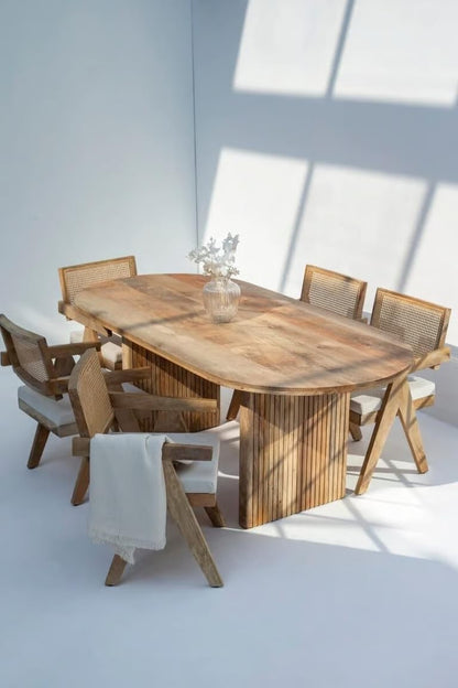 Furneezy Modern Wooden Dining Set, Oval Table with Cane Back Chairs, |Natural Finish,| 6-Seater Madeline Oval Dining Table with Slat Flat Legs with 6 Rattan Mango Wood Chairs