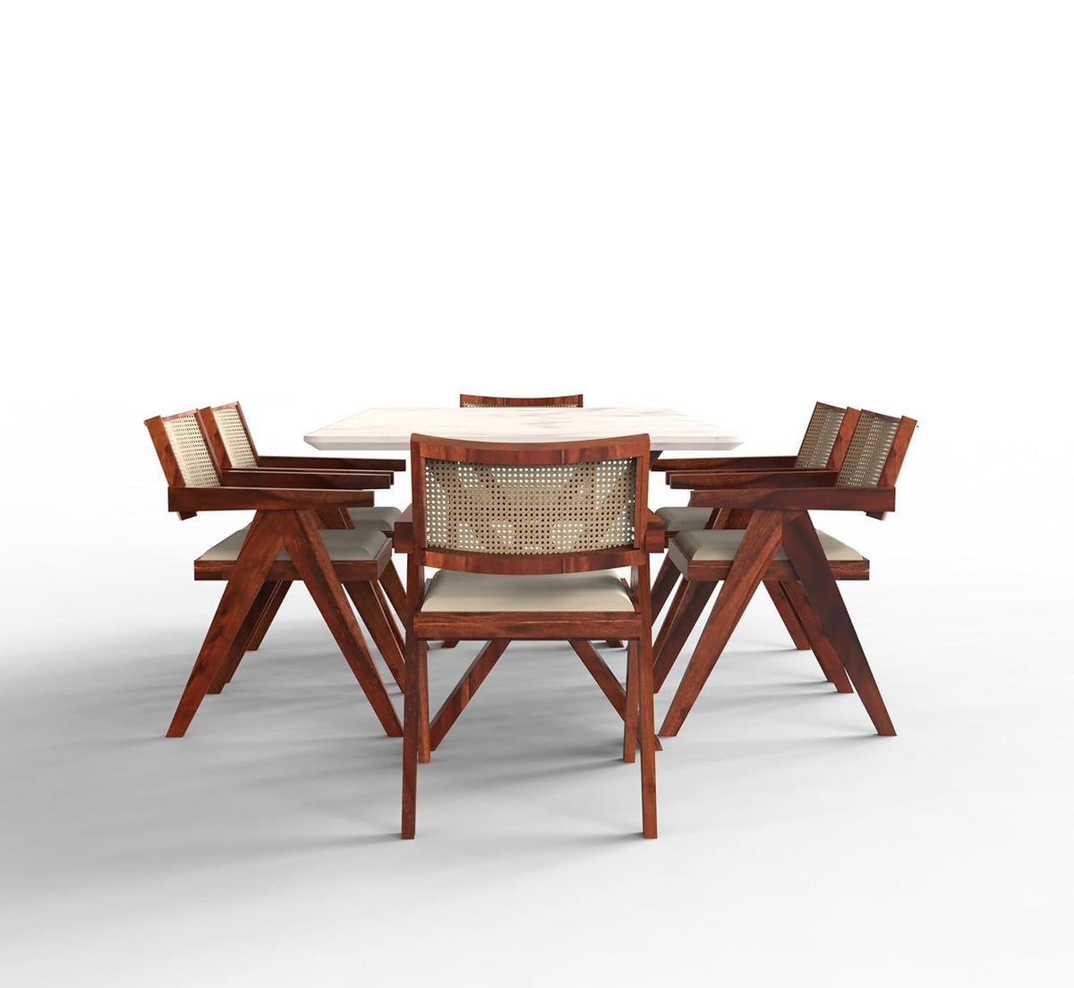 Epoxy Marble Top Finish Six-Seater Dining Table with Cane Cushioned Chair(Foldable)