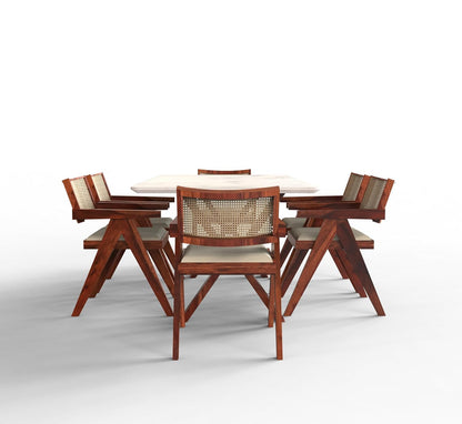 Epoxy Marble Top Finish Six-Seater Dining Table with Cane Cushioned Chair(Foldable)