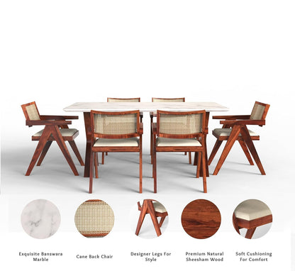 Epoxy Marble Top Finish Six-Seater Dining Table with Cane Cushioned Chair(Foldable)