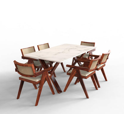 Epoxy Marble Top Finish Six-Seater Dining Table with Cane Cushioned Chair(Foldable)