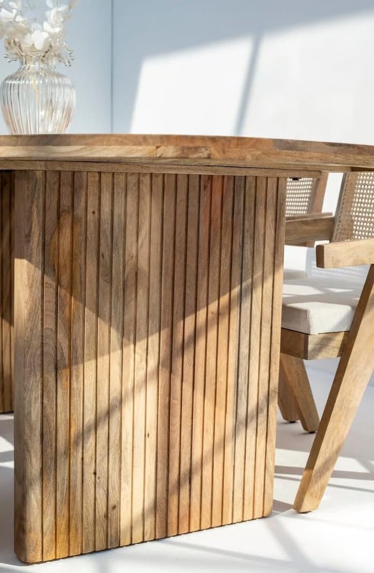 Furneezy Modern Wooden Dining Set, Oval Table with Cane Back Chairs, |Natural Finish,| 6-Seater Madeline Oval Dining Table with Slat Flat Legs with 6 Rattan Mango Wood Chairs