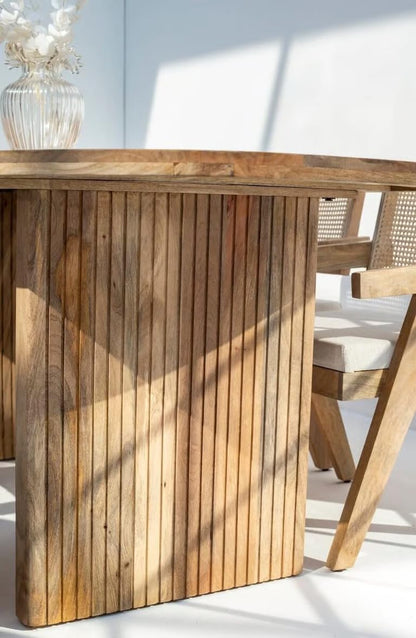 Furneezy Modern Wooden Dining Set, Oval Table with Cane Back Chairs, |Natural Finish,| 6-Seater Madeline Oval Dining Table with Slat Flat Legs with 6 Rattan Mango Wood Chairs