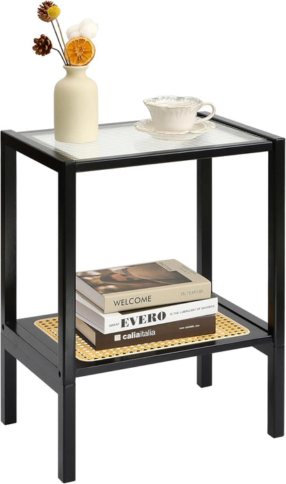 Furneezy 2-Tier Bamboo Side Table, Modern Glasstop Rattan Side Table, Mid Century Wood Sofa-Side End Tables for Living Room, Bedroom Night Stand (Honey)