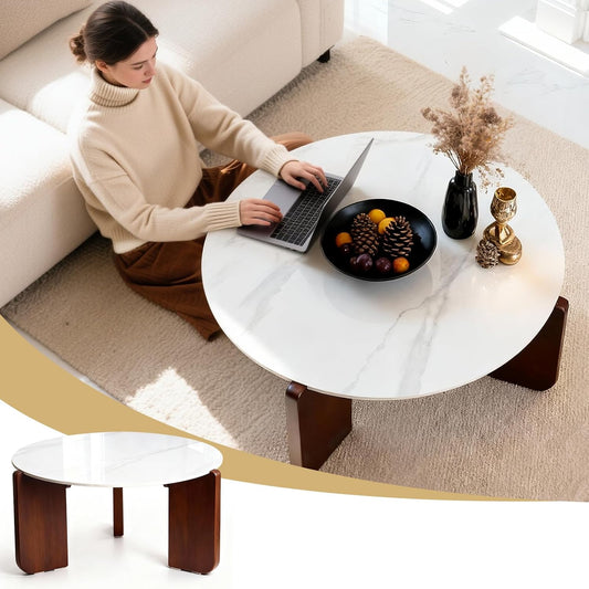 Furneezy 31.5 Inch Round Sintered Stone Top Coffee Table for Living Room | Sturdy Coffee Table with Sintered Stone Top and Solid Wood Legs, Modern Design Round Coffee Table, Minimalist and Sleek