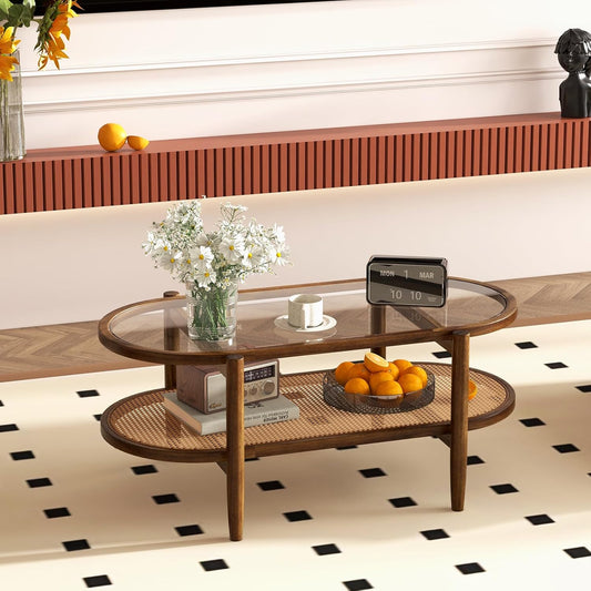 Furneezy Oval Glass Top Coffee Table with Rattan Lower Shelf, 2-Tier, Walnut Wood Frame, 40x22 in, Living Room (Oval O1)