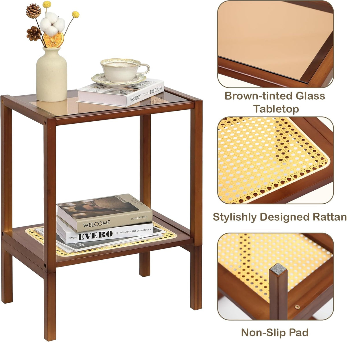 Furneezy 2-Tier Bamboo Side Table, Modern Glasstop Rattan Side Table, Mid Century Wood Sofa-Side End Tables for Living Room, Bedroom Night Stand (Honey)
