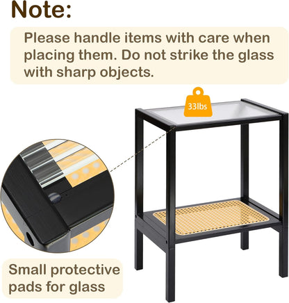 Furneezy 2-Tier Bamboo Side Table, Modern Glasstop Rattan Side Table, Mid Century Wood Sofa-Side End Tables for Living Room, Bedroom Night Stand (Honey)