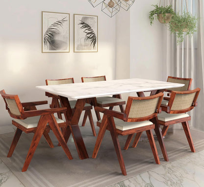 Epoxy Marble Top Finish Six-Seater Dining Table with Cane Cushioned Chair(Foldable)
