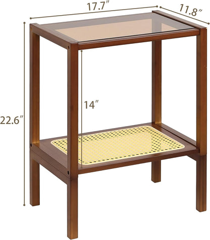 Furneezy 2-Tier Bamboo Side Table, Modern Glasstop Rattan Side Table, Mid Century Wood Sofa-Side End Tables for Living Room, Bedroom Night Stand (Honey)