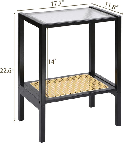 Furneezy 2-Tier Bamboo Side Table, Modern Glasstop Rattan Side Table, Mid Century Wood Sofa-Side End Tables for Living Room, Bedroom Night Stand (Honey)