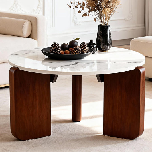 Furneezy 23.6 Inch Round Sintered Stone Top Coffee Table for Living Room | Sturdy Coffee Table with Sintered Stone Top and Solid Wood Legs, Modern Design Round Coffee Table, Minimalist and Sleek