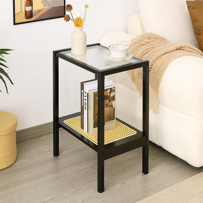 Furneezy 2-Tier Bamboo Side Table, Modern Glasstop Rattan Side Table, Mid Century Wood Sofa-Side End Tables for Living Room, Bedroom Night Stand (Honey)