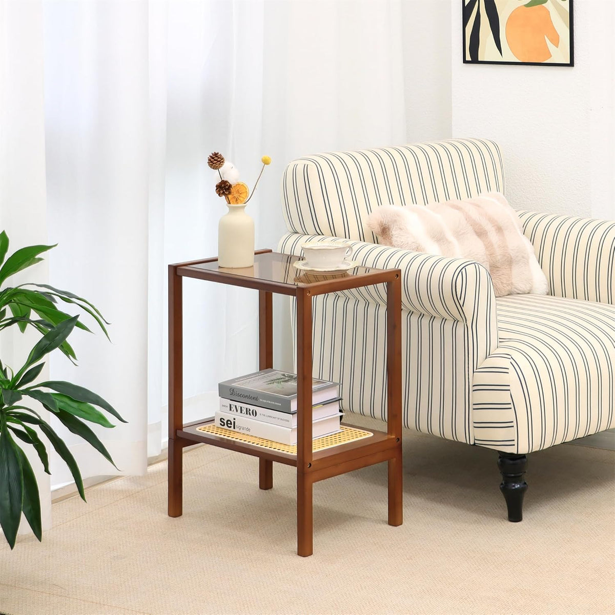 Furneezy 2-Tier Bamboo Side Table, Modern Glasstop Rattan Side Table, Mid Century Wood Sofa-Side End Tables for Living Room, Bedroom Night Stand (Honey)