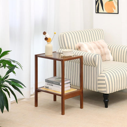 Furneezy 2-Tier Bamboo Side Table, Modern Glasstop Rattan Side Table, Mid Century Wood Sofa-Side End Tables for Living Room, Bedroom Night Stand (Honey)