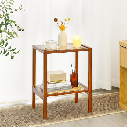 Furneezy 2-Tier Bamboo Side Table, Modern Glasstop Rattan Side Table, Mid Century Wood Sofa-Side End Tables for Living Room, Bedroom Night Stand (Honey)