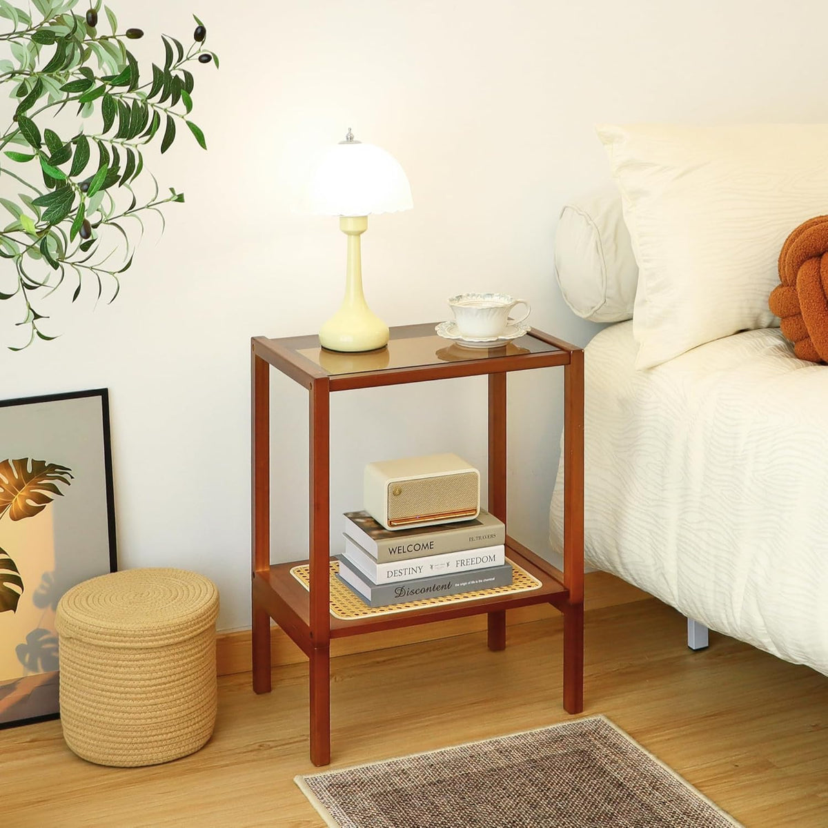 Furneezy 2-Tier Bamboo Side Table, Modern Glasstop Rattan Side Table, Mid Century Wood Sofa-Side End Tables for Living Room, Bedroom Night Stand (Honey)