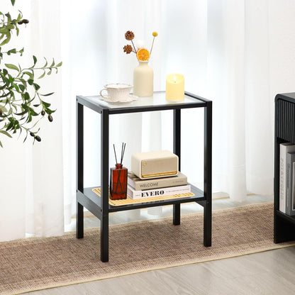 Furneezy 2-Tier Bamboo Side Table, Modern Glasstop Rattan Side Table, Mid Century Wood Sofa-Side End Tables for Living Room, Bedroom Night Stand (Honey)
