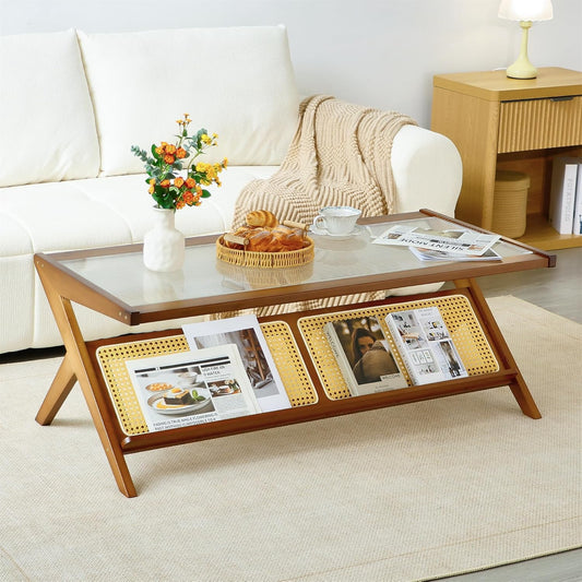 Furneezy Glass Top Coffee Table with Rattan Lower Shelf, 2-Tier, Walnut Wood Frame, 40x22 in, Living Room (Rectangular L2)