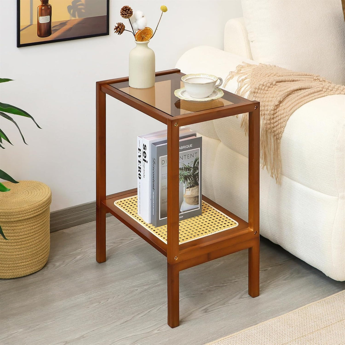 Furneezy 2-Tier Bamboo Side Table, Modern Glasstop Rattan Side Table, Mid Century Wood Sofa-Side End Tables for Living Room, Bedroom Night Stand (Honey)