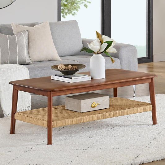 ELEGANT 2-TIER DESIGN: Features a clear glass tabletop set in a walnut wood oval frame, paired with a natural rattan lower shelf for a stylish mid-century modern look.