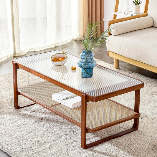 Furneezy Solid Wood Coffee Table for Living Room, Glass Coffee Table Water Wave Patterned Glass Tabletop, Modern Coffee Table with PE Rattan Storage Shelf for Livinig Room.