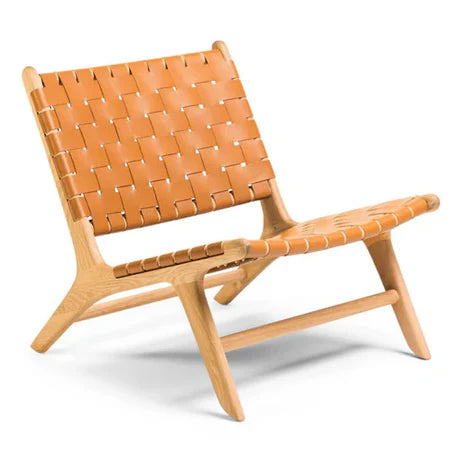 Woven Leather Lounge Chair, Black, Solid Wood Frame, Mid-Century Modern Style, Low Profile Accent Chair (Honey Natural)