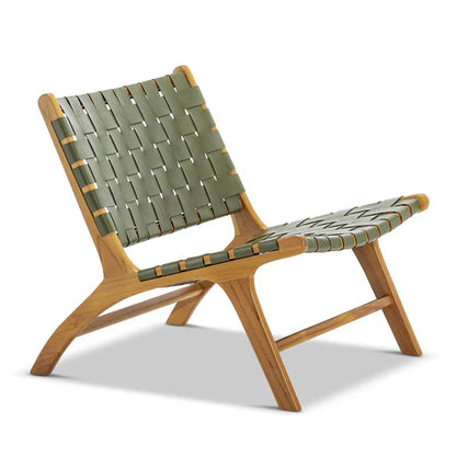 Woven Leather Lounge Chair, Black, Solid Wood Frame, Mid-Century Modern Style, Low Profile Accent Chair (Honey Natural)