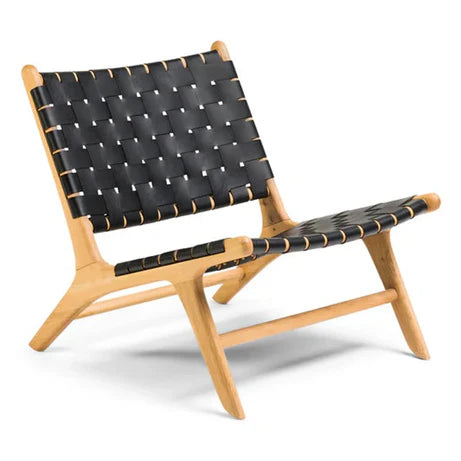 Woven Leather Lounge Chair, Black, Solid Wood Frame, Mid-Century Modern Style, Low Profile Accent Chair (Honey Natural)