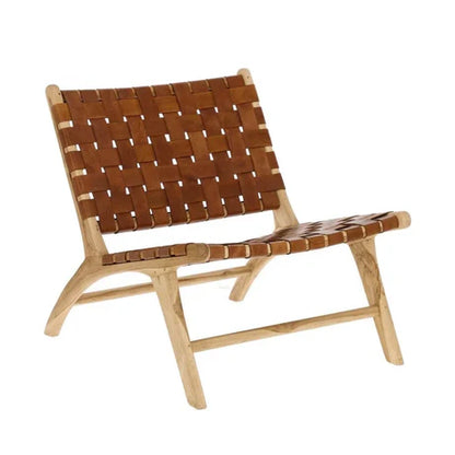 Woven Leather Lounge Chair, Black, Solid Wood Frame, Mid-Century Modern Style, Low Profile Accent Chair (Honey Natural)