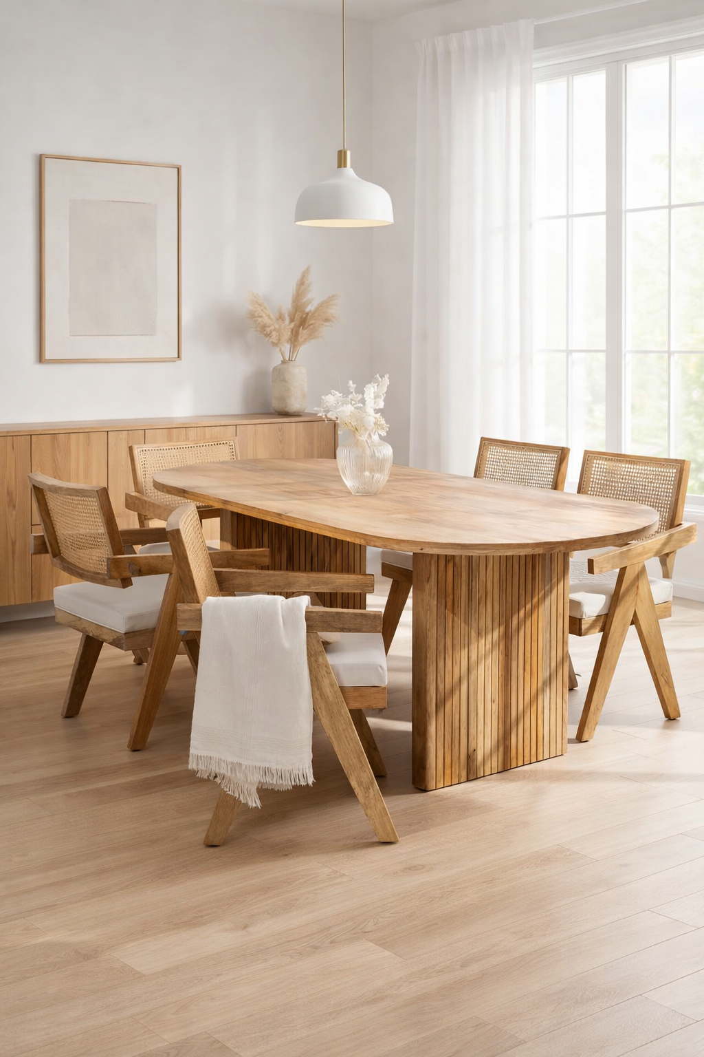 Furneezy Modern Wooden Dining Set, Oval Table with Cane Back Chairs, |Natural Finish,| 6-Seater Madeline Oval Dining Table with Slat Flat Legs with 6 Rattan Mango Wood Chairs