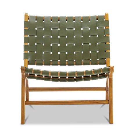 Woven Leather Lounge Chair, Black, Solid Wood Frame, Mid-Century Modern Style, Low Profile Accent Chair (Honey Natural)