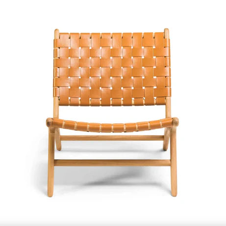 Woven Leather Lounge Chair, Black, Solid Wood Frame, Mid-Century Modern Style, Low Profile Accent Chair (Honey Natural)