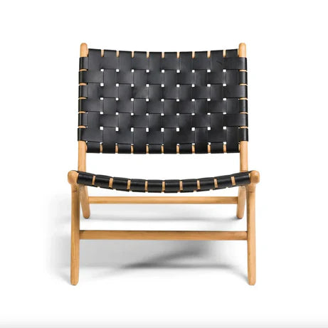 Woven Leather Lounge Chair, Black, Solid Wood Frame, Mid-Century Modern Style, Low Profile Accent Chair (Honey Natural)