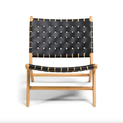 Woven Leather Lounge Chair, Black, Solid Wood Frame, Mid-Century Modern Style, Low Profile Accent Chair (Honey Natural)