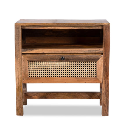 Mango Wood Nightstand with Rattan Cane Drawer and Open Shelf, Boho Bedside Table, Brown H: 60 cm × W: 60 cm × D: 40 cm