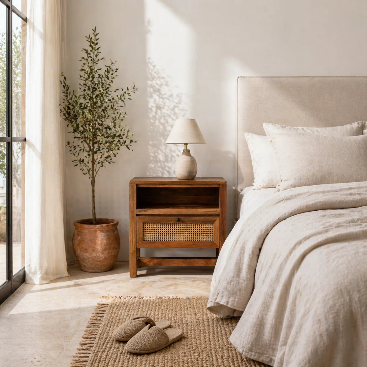 Mango Wood Nightstand with Rattan Cane Drawer and Open Shelf, Boho Bedside Table, Brown H: 60 cm × W: 60 cm × D: 40 cm