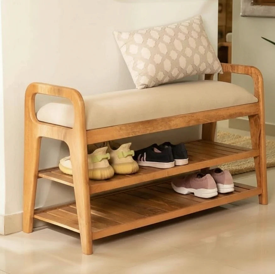 Furneezy Modern Wooden Shoe Rack Bench with Padded Seat – 2-Tier Entryway Organizer & Storage Bench