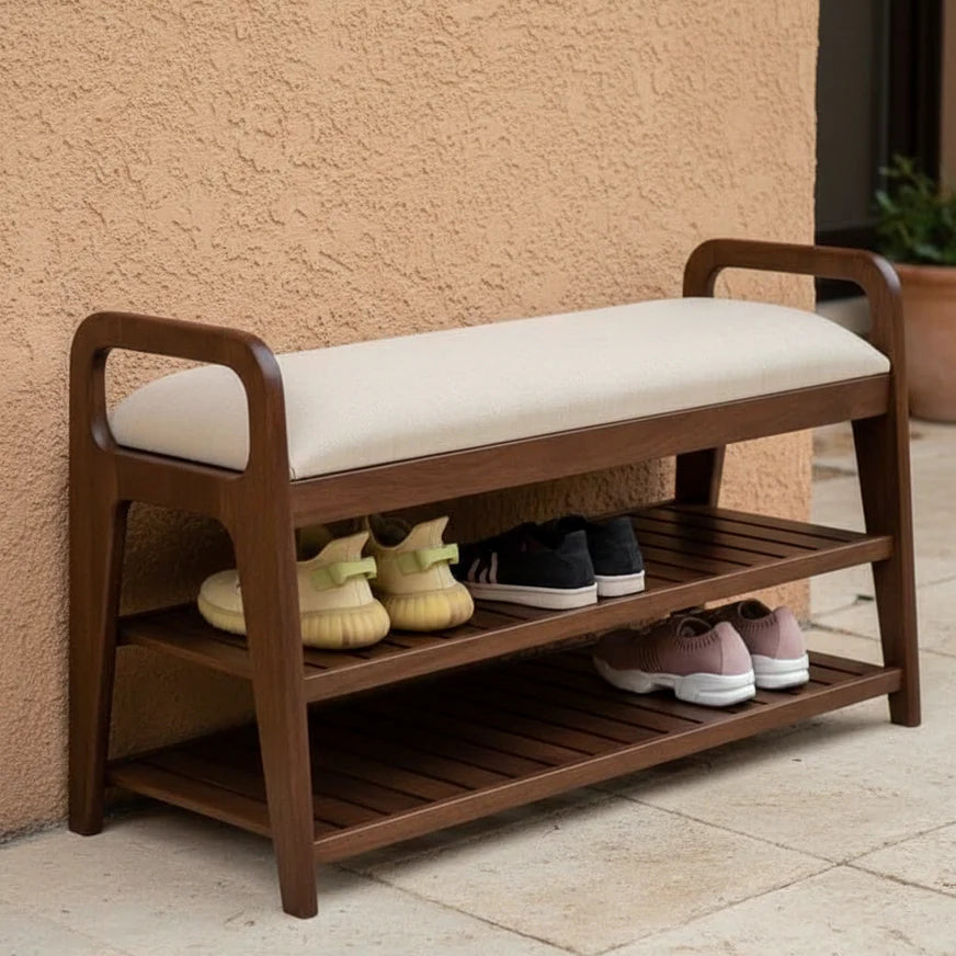 Furneezy Modern Wooden Shoe Rack Bench with Padded Seat – 2-Tier Entryway Organizer & Storage Bench