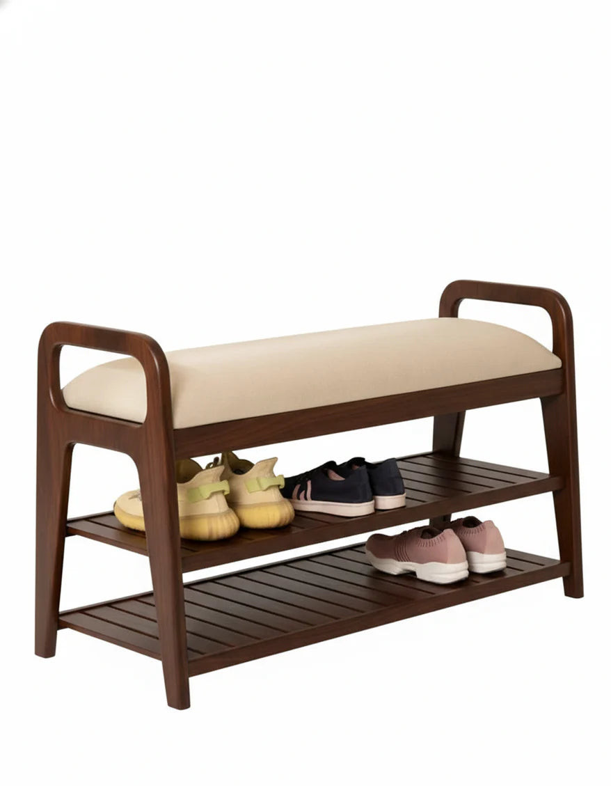 Furneezy Modern Wooden Shoe Rack Bench with Padded Seat – 2-Tier Entryway Organizer & Storage Bench