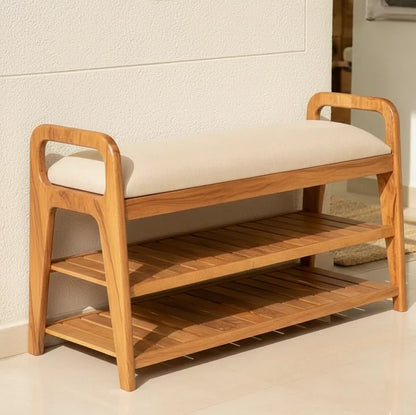 Furneezy Modern Wooden Shoe Rack Bench with Padded Seat – 2-Tier Entryway Organizer & Storage Bench