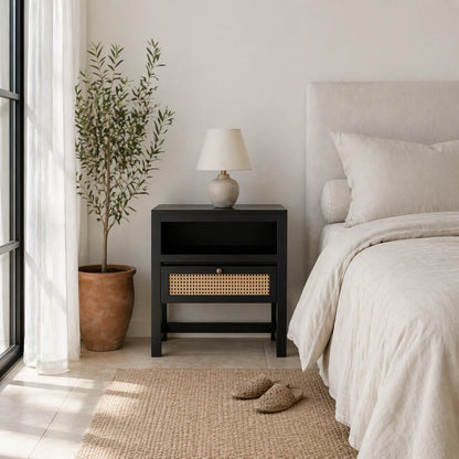 Mango Wood Nightstand with Rattan Cane Drawer and Open Shelf, Boho Bedside Table, Brown H: 60 cm × W: 60 cm × D: 40 cm