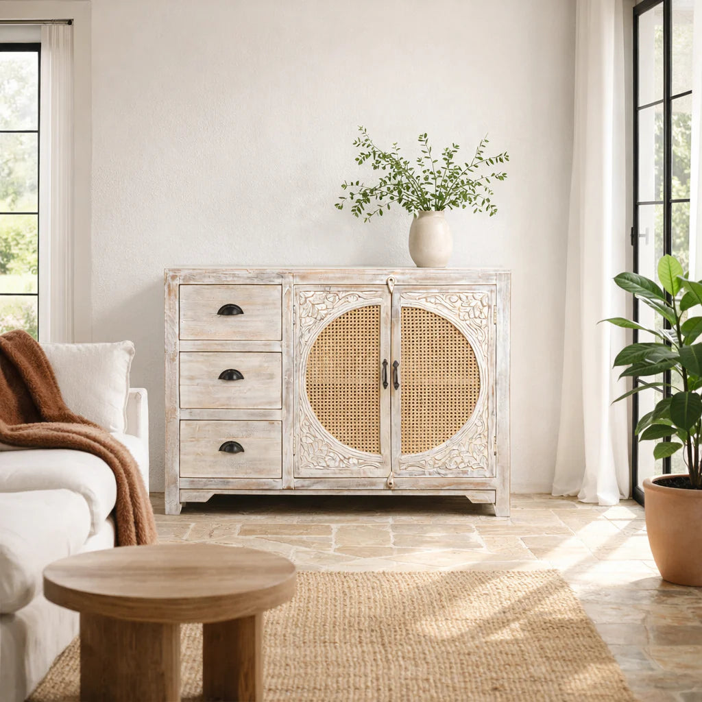 Furneezy Solid Mango Wood Sideboard with Rattan Cane Doors, 3 Drawers, Hand-Carved Detail, Natural Finish, Boho Style W:120cm × H:92cm × D:40cm